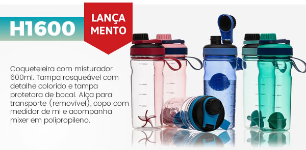 H1600 Coqueteleira com misturador  600ml. Tampa rosqueável com detalhe colorido e tampa protetora de bocal. Alça para transporte (removível), copo com medidor de ml e acompanha mixer em polipropileno.