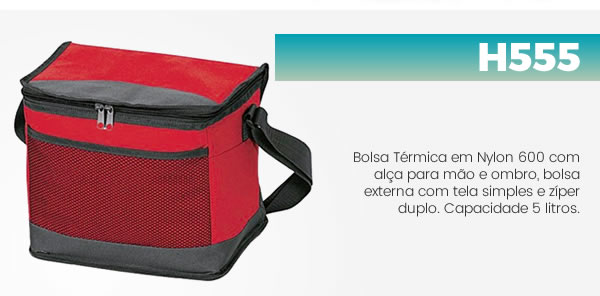 H555 Bolsa Térmica em Nylon 600 com alça para mão e ombro, bolsa externa com tela simples e zíper duplo. Capacidade 5 litros.